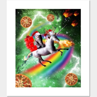 Christmas Cat Santa Riding Unicorn, Space Pizza Funny Posters and Art